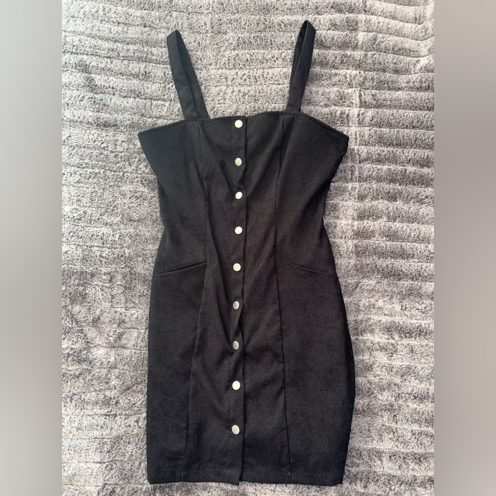 Corduroy Black Button Up Mini Dress with Side Pockets